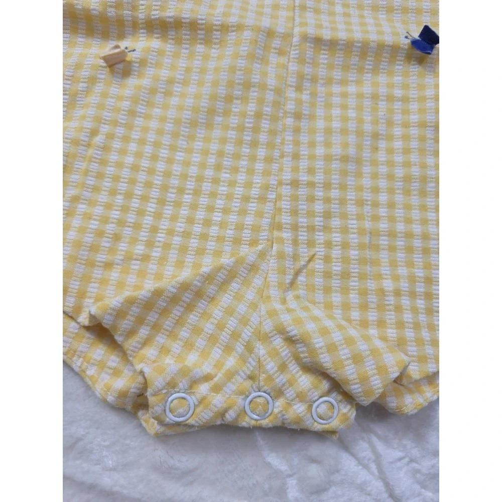 Vintage 80s Heircraft By Freitag Baby Romper 18M Yellow Gingham Lamb
